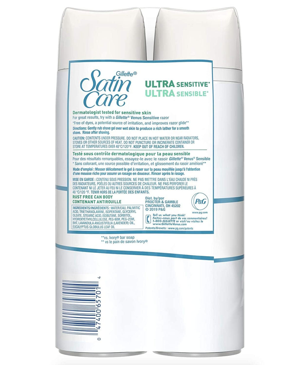 Gillette Satin Care Ultra Sensitive Shave Gel for Women, Pack of 2, 7oz Each, Frangrance Free