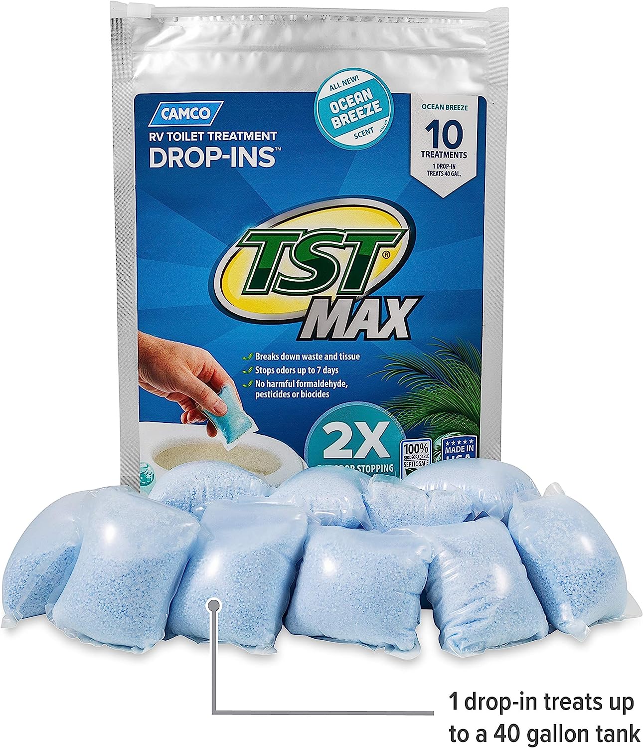 Camco TST MAX RV Toilet Treatment Drop-INs | Control Unwanted Odors and Break Down Waste and Tissue | Septic Tank Safe | Ocean Breeze Scent | 10-pack (41613)