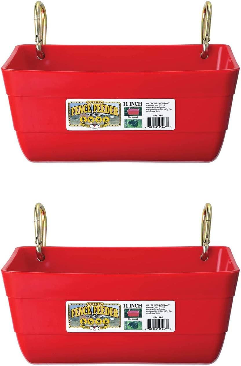 Little Giant FF11RED 4.5 Quart Heavy Duty Plastic Feed Trough Bucket Fence Feeder with Clips for Livestock & Pets, Red (2 Pack)