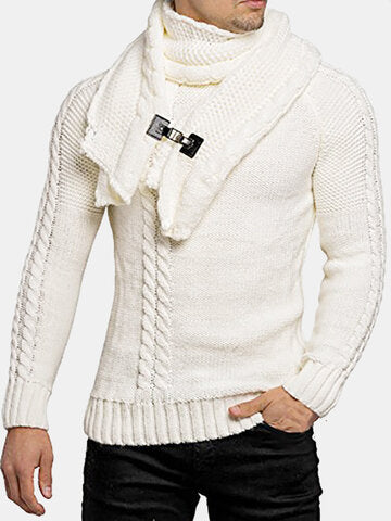 mens solid color round neck casual basic cable knit sweater with scarf