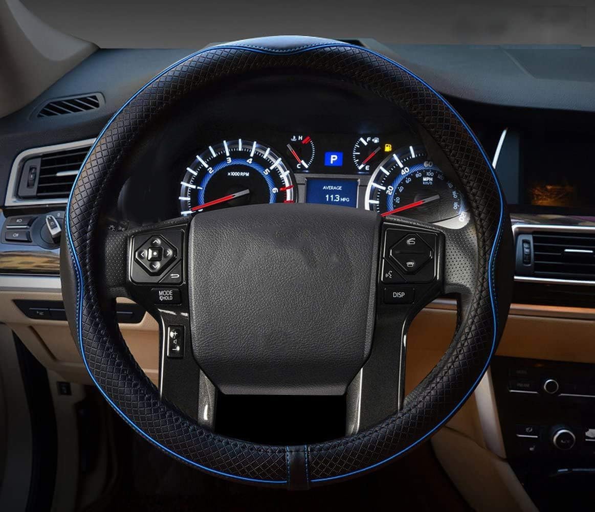 Valleycomfy Steering Wheel Covers Universal 15 inch - Genuine Leather, Breathable, Anti Slip &amp; Odor (Black with Blue Lines, M(14" 1/2-15" 1/4))