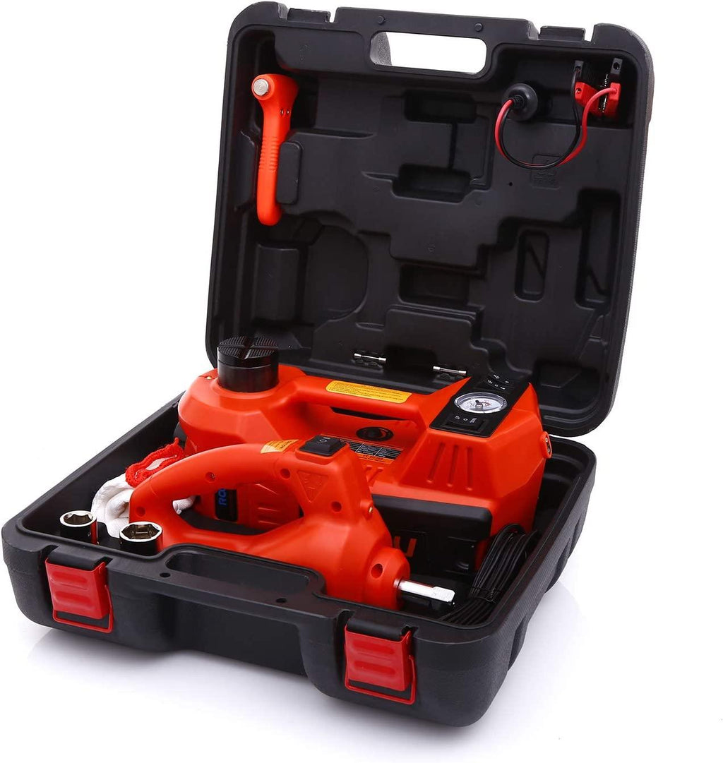 STANDTALL Electric Car Jack Kit 5 Ton 12V Car Jack Hydraulic with Impact Wrench and Tire Inflator Pump, Electric Car Floor Jack Red with LED Light