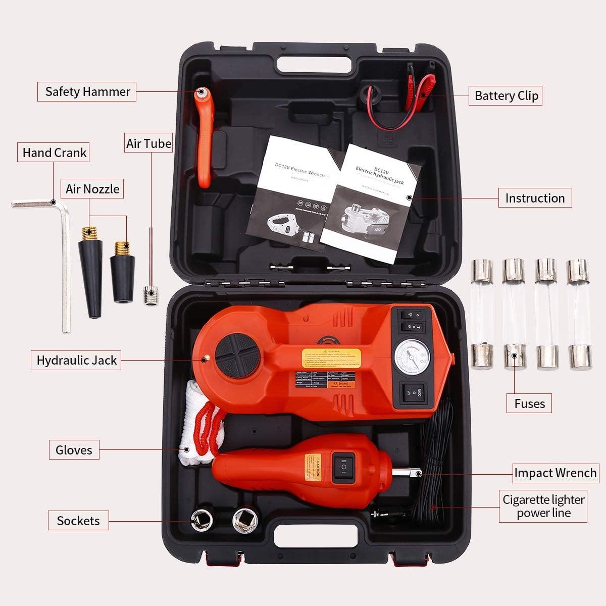 STANDTALL Electric Car Jack Kit 5 Ton 12V Car Jack Hydraulic with Impact Wrench and Tire Inflator Pump, Electric Car Floor Jack Red with LED Light