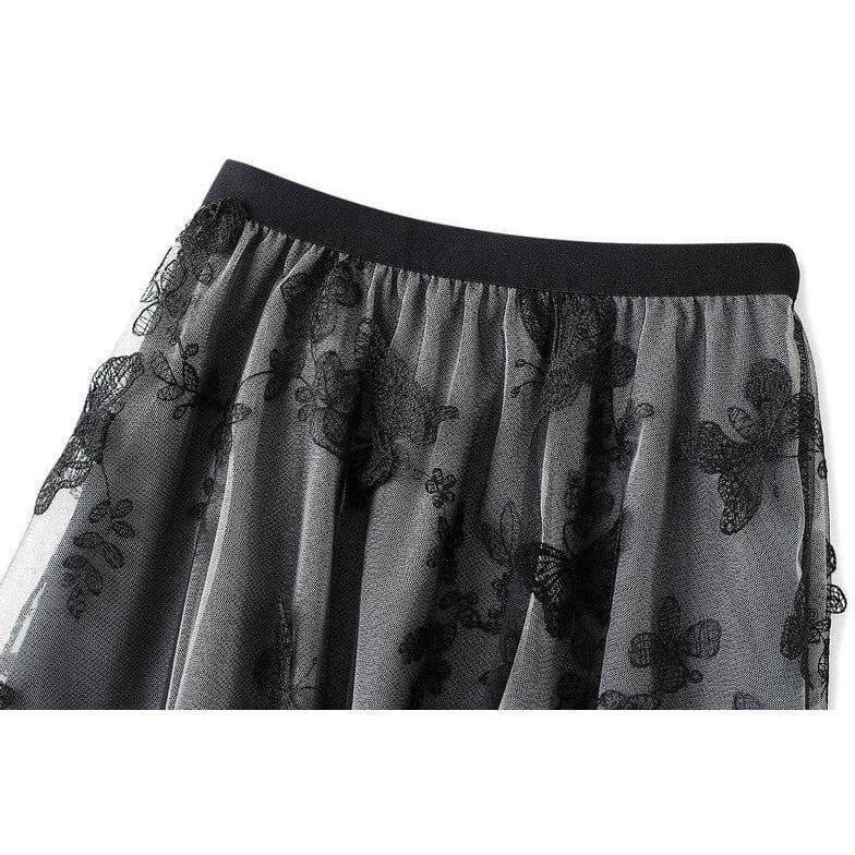 butterfly embroidery tulle midi skirt