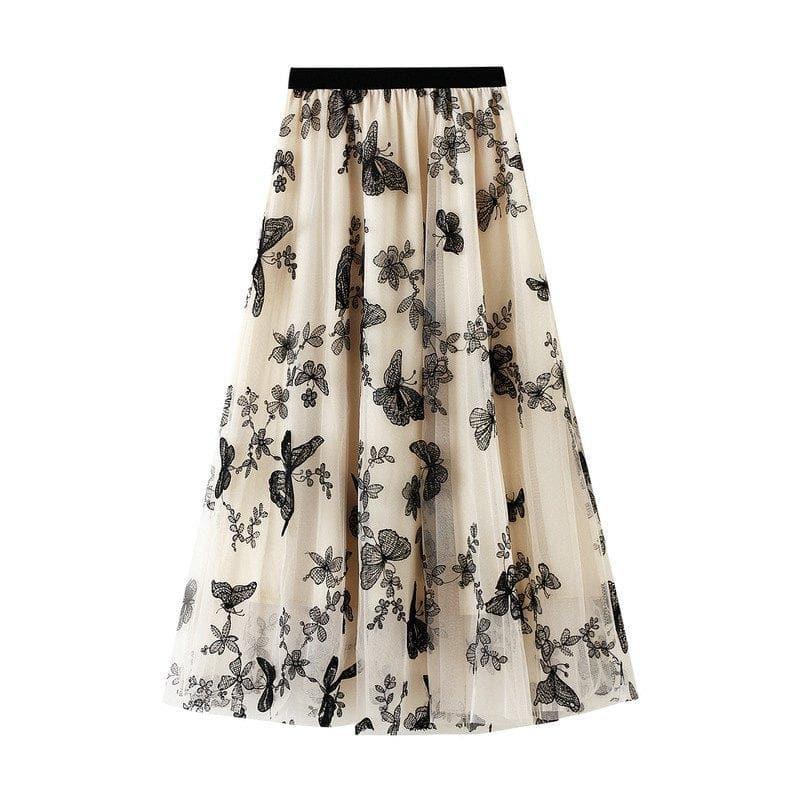 butterfly embroidery tulle midi skirt