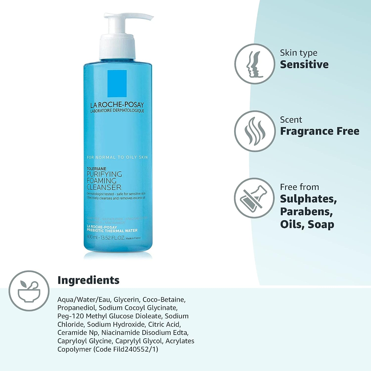 La Roche-Posay Toleriane Purifying Foaming Facial Cleanser, Oil Free Face Wash for Oily Skin and for Sensitive Skin with Niacinamide, Pore Cleanser Won’t Dry Out Skin, Unscented