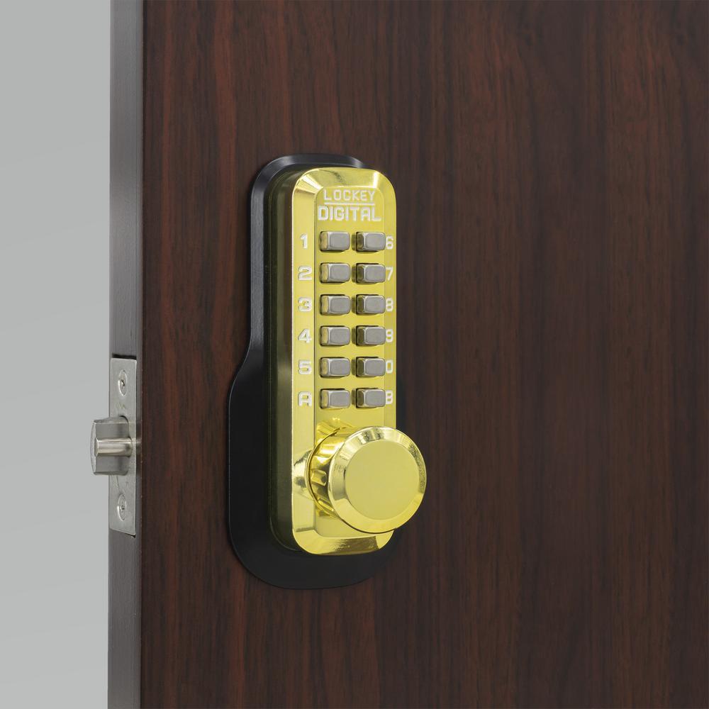 M230-DC Bright Brass Mechanical Keyless 5 in. L x 1-1/2 in. W x 1-7/8 in. D Storeroom Knob with DeadlocSpring Latch