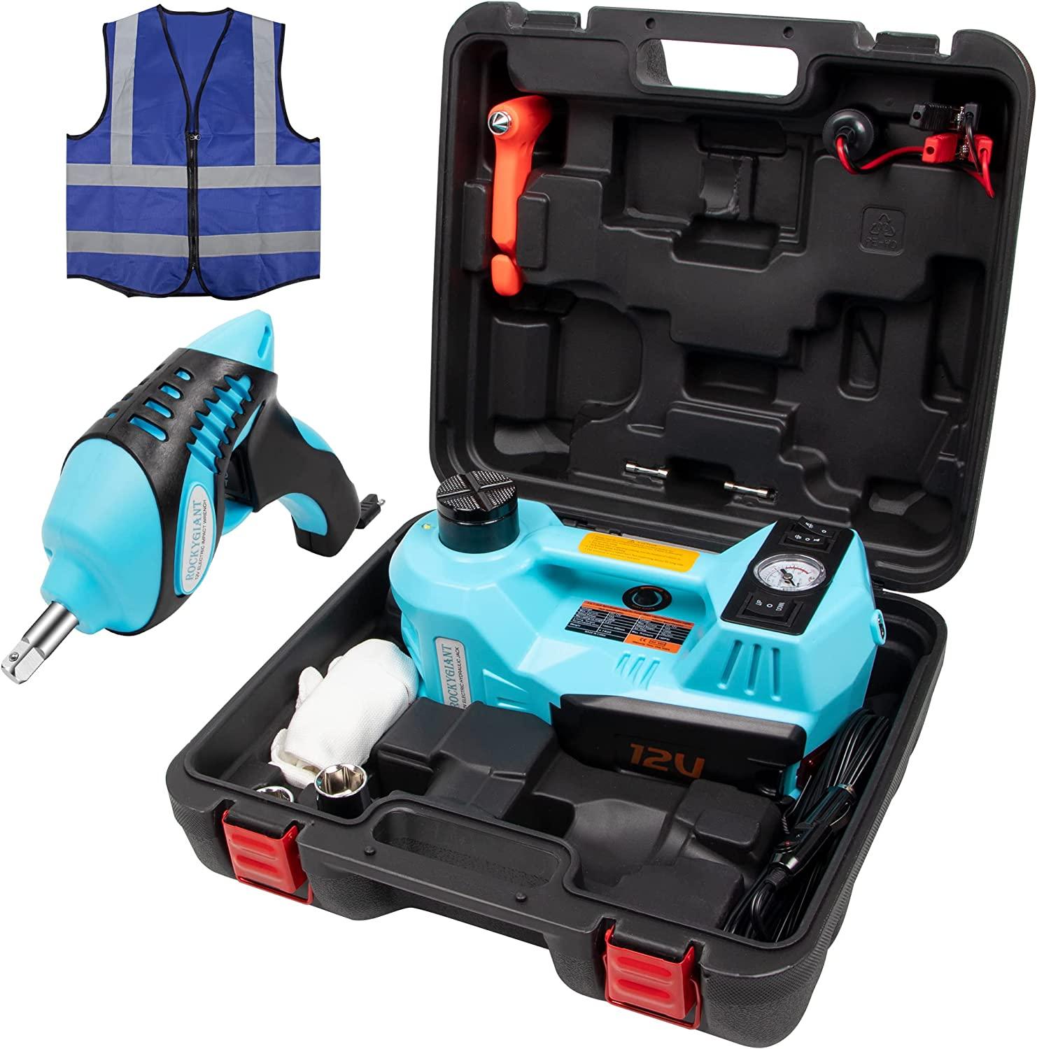 ROCKYGIANT Electric Car Jack Kit 5 Ton(11023 lbs), Hydraulic Car Jack Lift with Power Wrench,-in Air Pump and LED Light, DC 12V Electric Jack for Car Sedan SUV