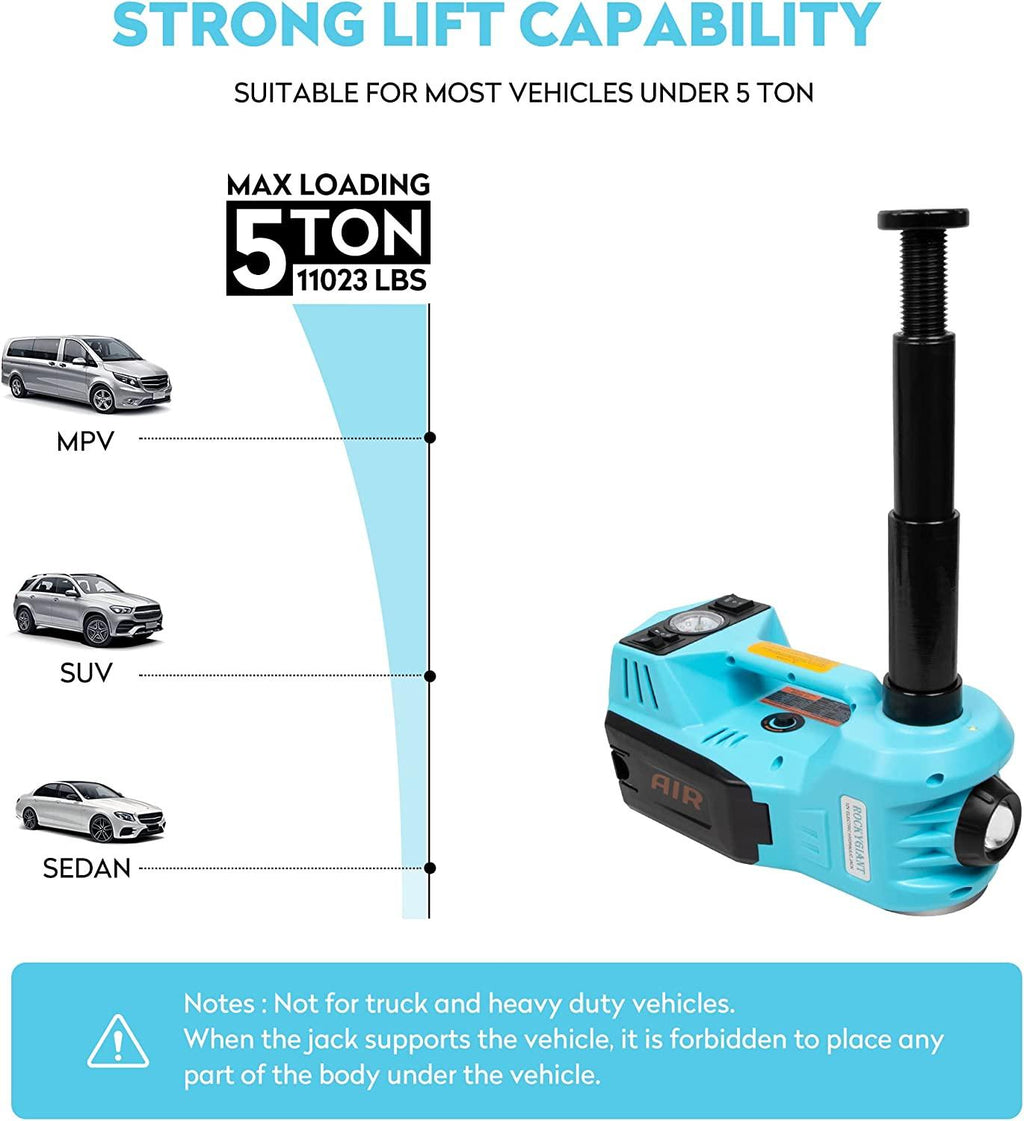 ROCKYGIANT Electric Car Jack Kit 5 Ton(11023 lbs), Hydraulic Car Jack Lift with Power Wrench,-in Air Pump and LED Light, DC 12V Electric Jack for Car Sedan SUV