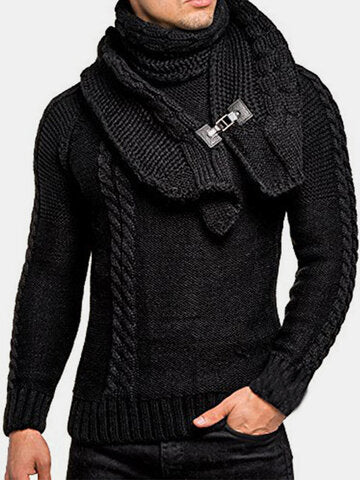 mens solid color round neck casual basic cable knit sweater with scarf
