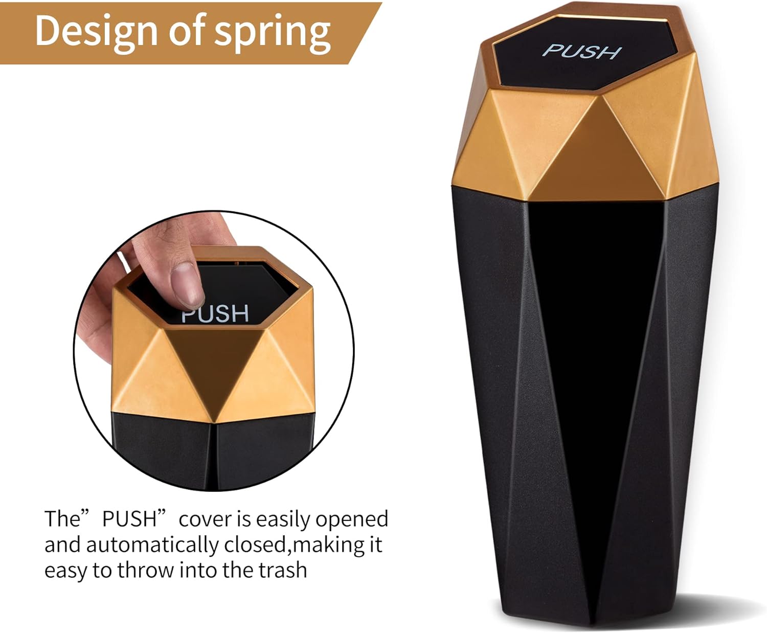 JUSTTOP Car Trash Can with Lid, Diamond  Small Automatic Portable Trash Can, Easy to Clean, Used in Car Home Office Interior Accessories, 2PCS(Gold)