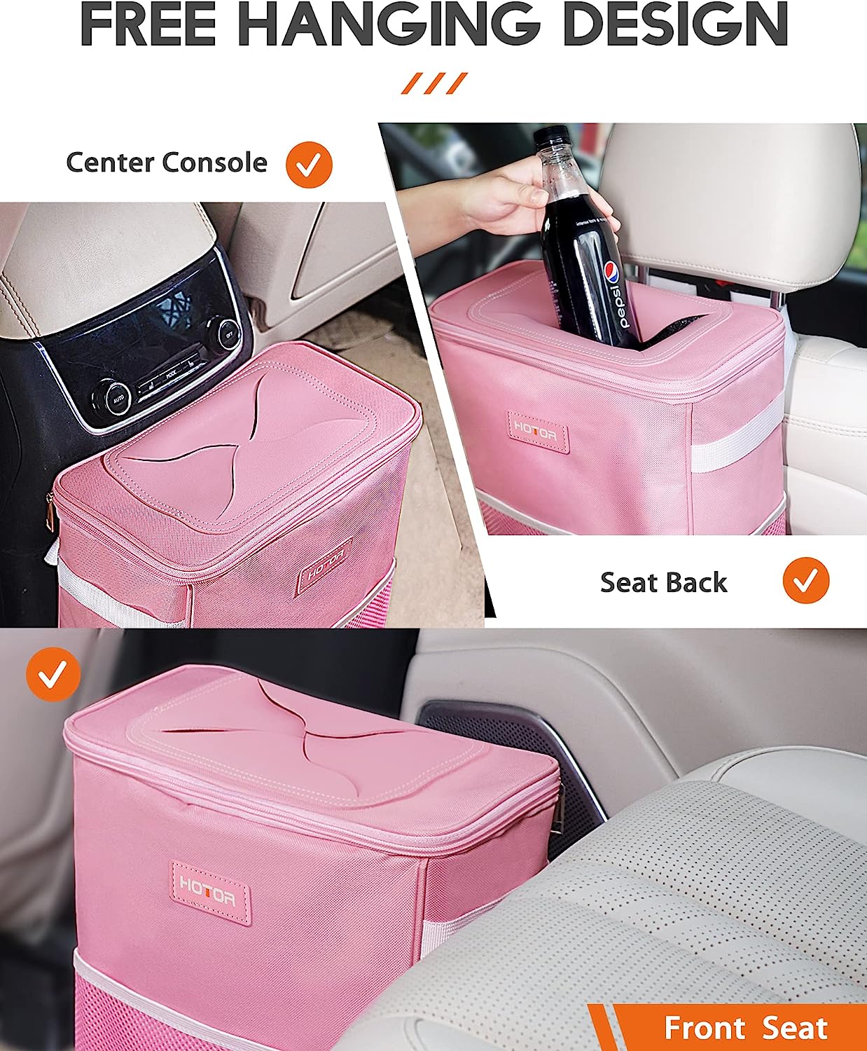 HOTOR Car Trash Can, 3-Gallon Ultra-Large Car Garbage Can, 100% Leakproof &amp; Waterproof Trash Can for Car, Multipurpose Car Trash Bin with Adjustable Straps, Magnetic Buckles, Mesh Pockets (Pink)