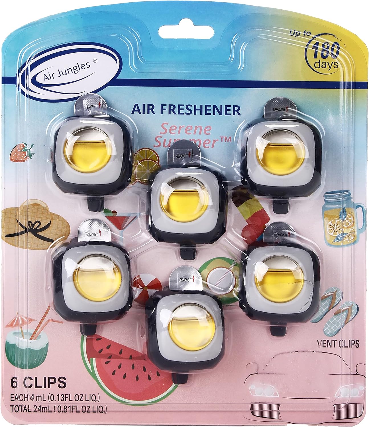 Air Jungles Serene Summer Scent Car Air Freshener Clip, 6 Car Freshener Vent Clips, 4ml Each, Long Lasting Air Freshener for Car, Up to 180 Days Car Refresher Odor Eliminator