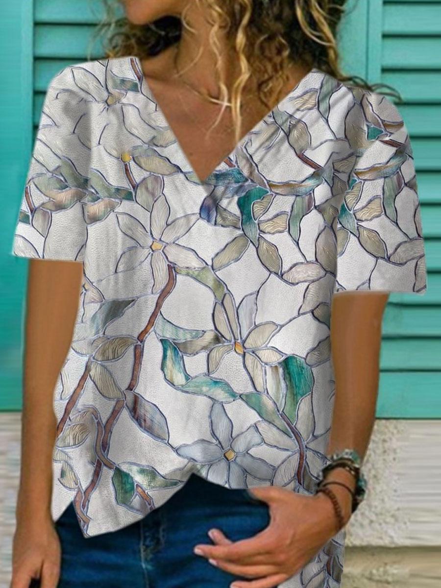 V-neck Floral Print Loose Casual Short-sleeved Blouse