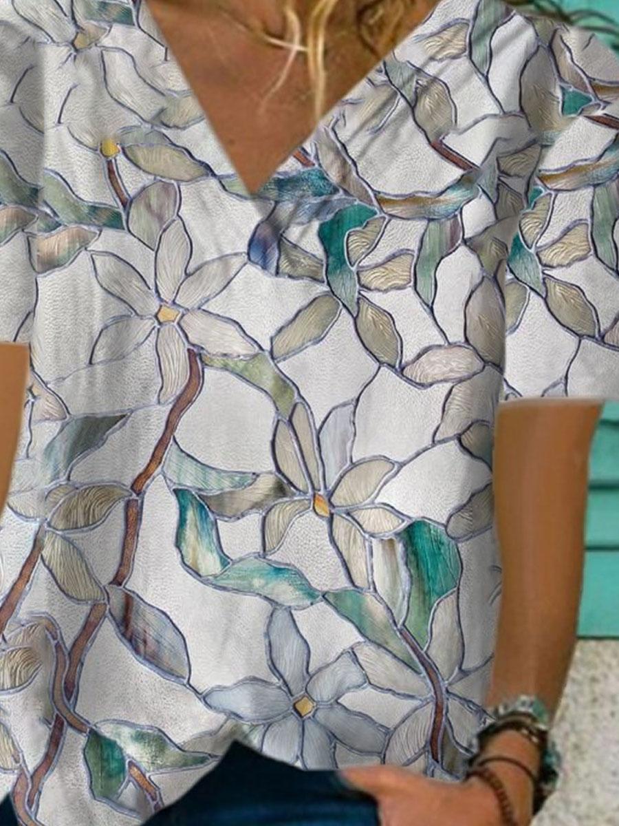 V-neck Floral Print Loose Casual Short-sleeved Blouse