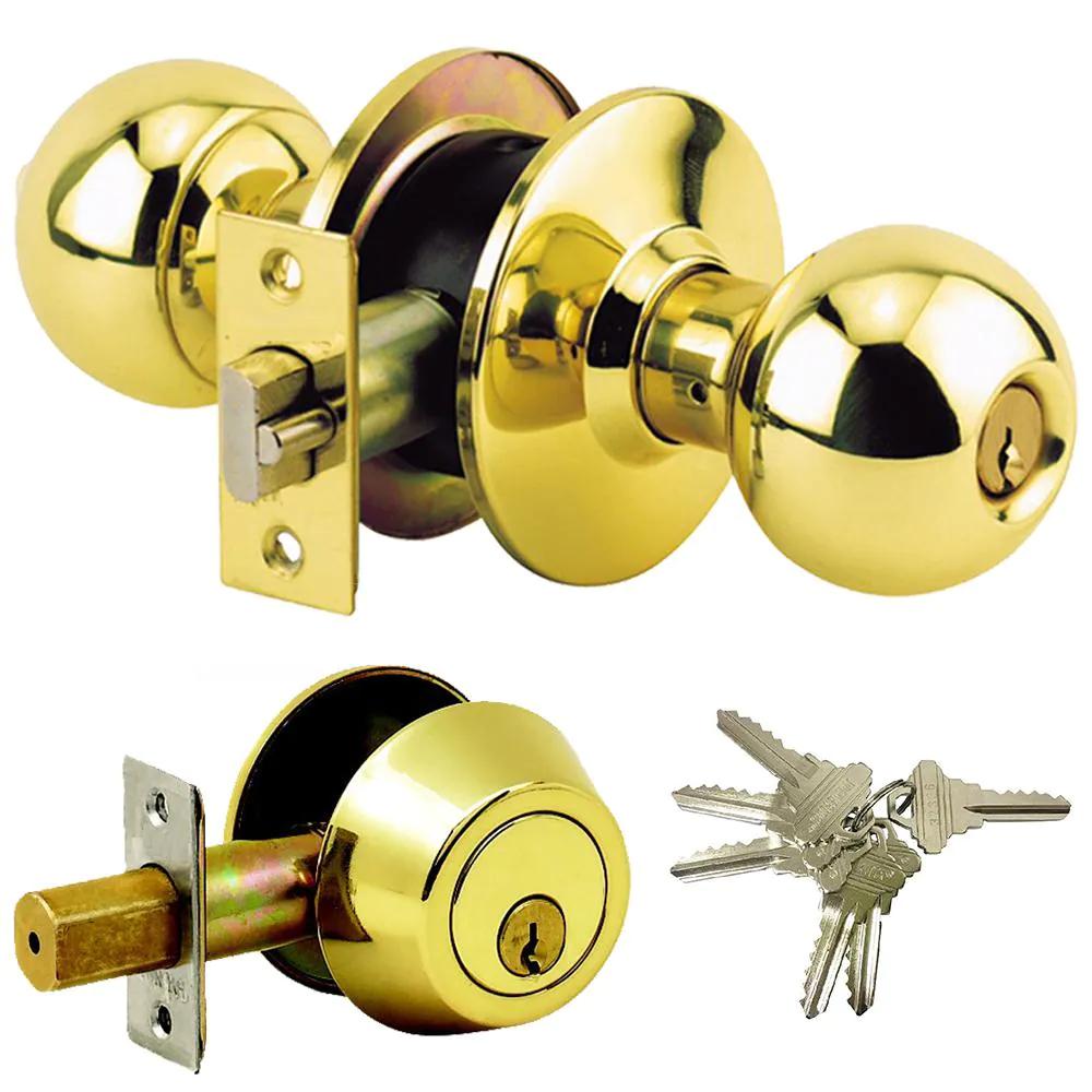Brass Grade 3 Combo Lock Set with Entry Door Knob and Deadbolt, 72 SC1 Keys Total, (12-Pack, Keyed Alike)