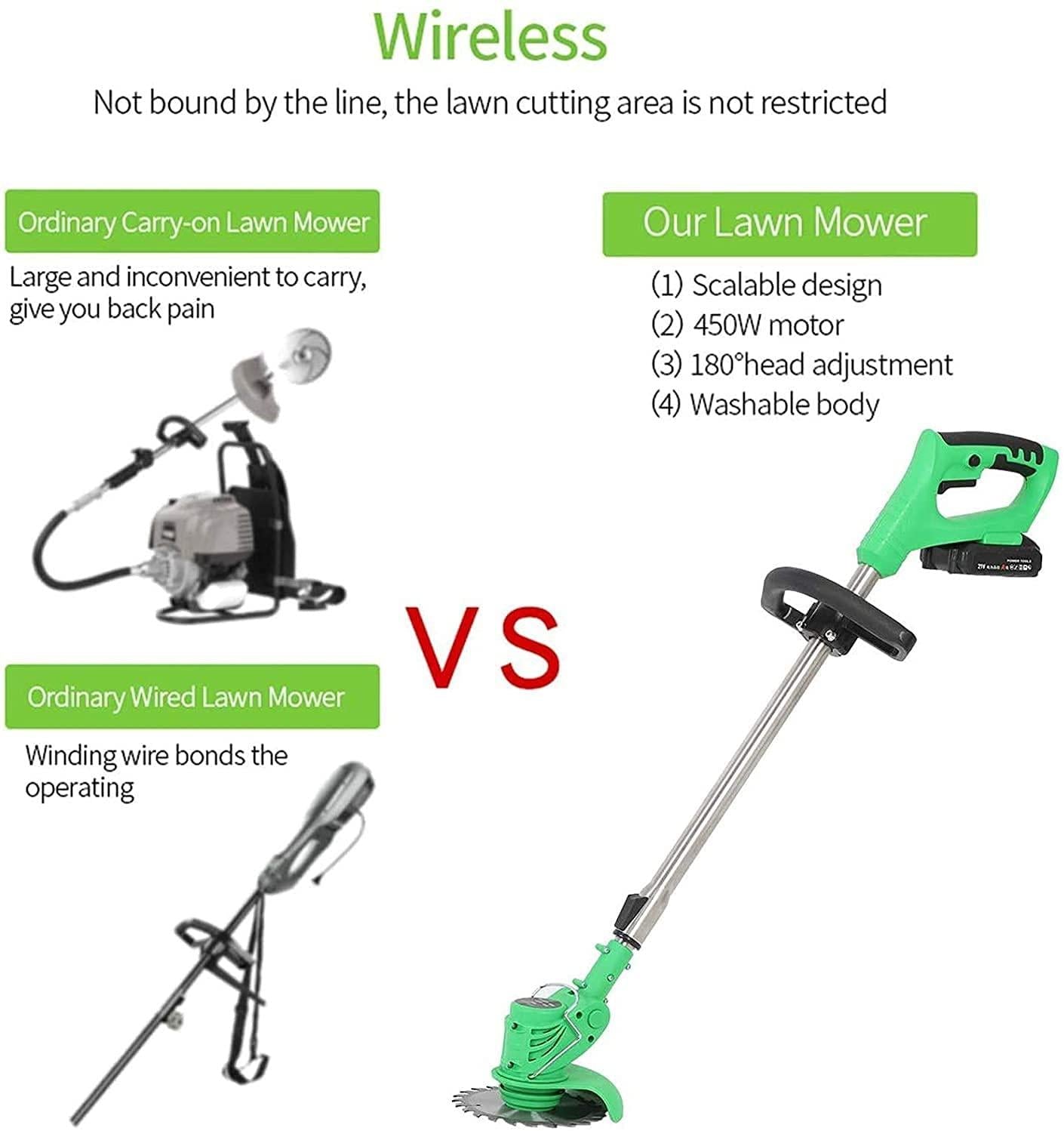 FCPLLTR Cordless Grass Trimmer Garden Gear Telescopic Lightweight Frame Grass Trimmer with Adjustable Angle Head,12/21V Battery + Charger+Circular Saw Blade + Metal Blade + Plastic Blade,21V