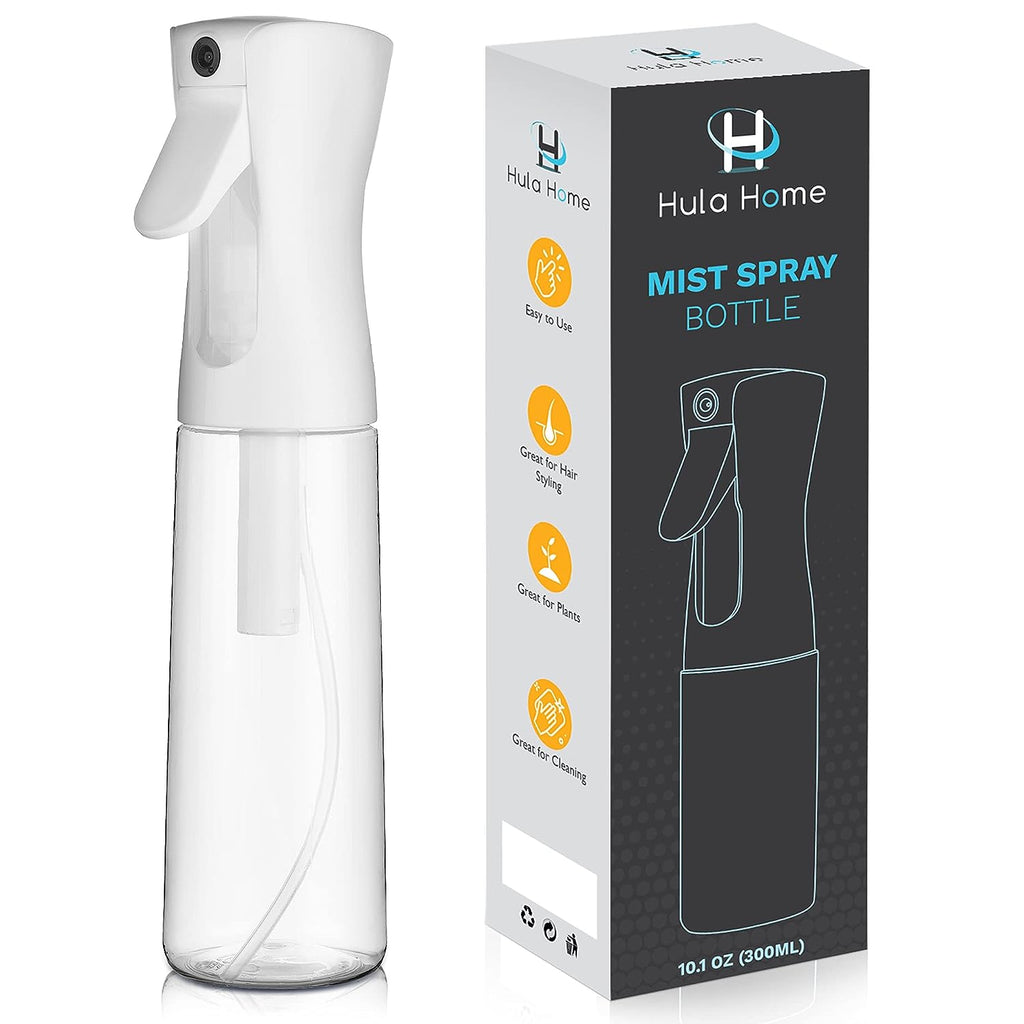 Hula Home Continuous Spray Bottle (10.1oz/300ml) Empty Ultra Fine Plastic Water Mist Sprayer – For Hairstyling, Cleaning, Salons, Plants, Essential Oil Scents &amp; More - White