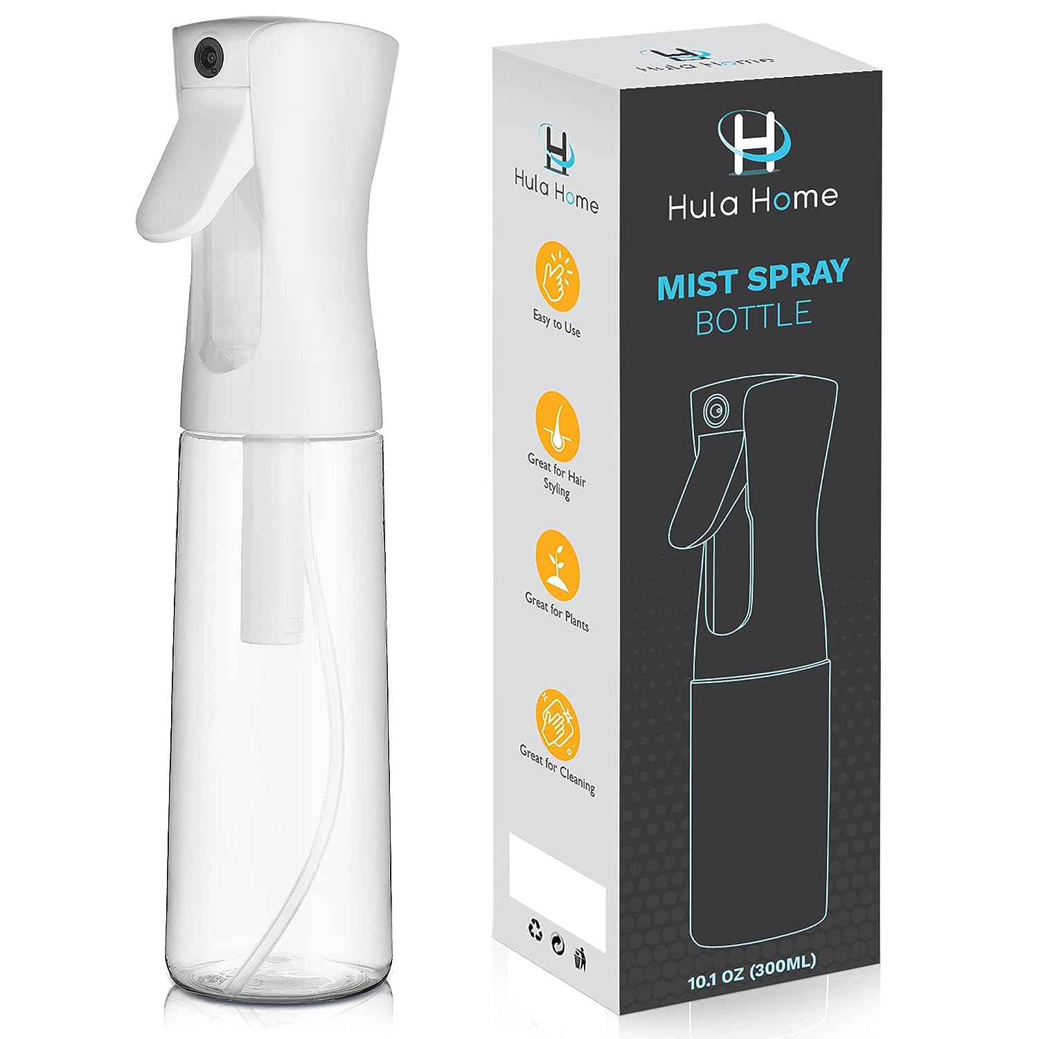 Hula Home Continuous Spray Bottle (10.1oz/300ml) Empty Ultra Fine Plastic Water Mist Sprayer – For Hairstyling, Cleaning, Salons, Plants, Essential Oil Scents &amp; More - White