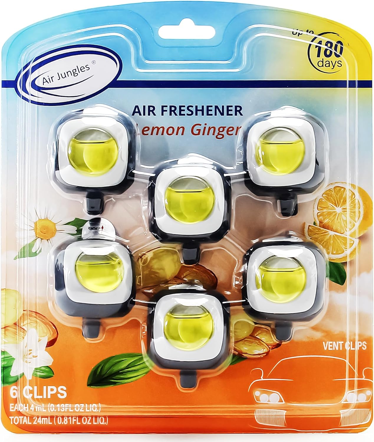 Air Jungles Lemon Ginger Scent Car Air Freshener Clip, 6 Car Freshener Vent Clips, 4ml Each, Long Lasting Air Freshener for Car, Up to 180 Days Car Refresher Odor Eliminator