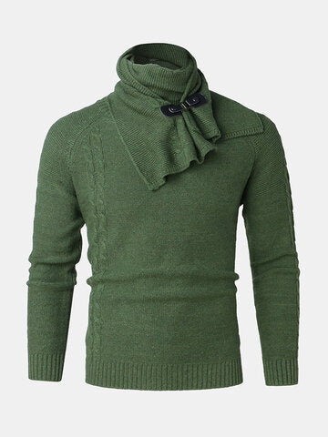 mens solid color round neck casual basic cable knit sweater with scarf