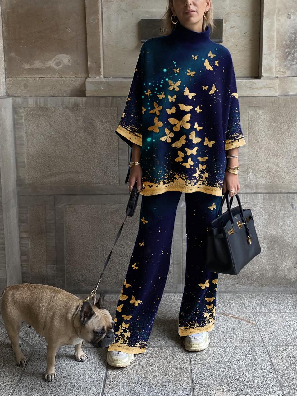 Women's Fashion Casual Color Contrast Bronzing Butterfly Print Royal Blue Suit