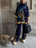Women's Fashion Casual Color Contrast Bronzing Butterfly Print Royal Blue Suit