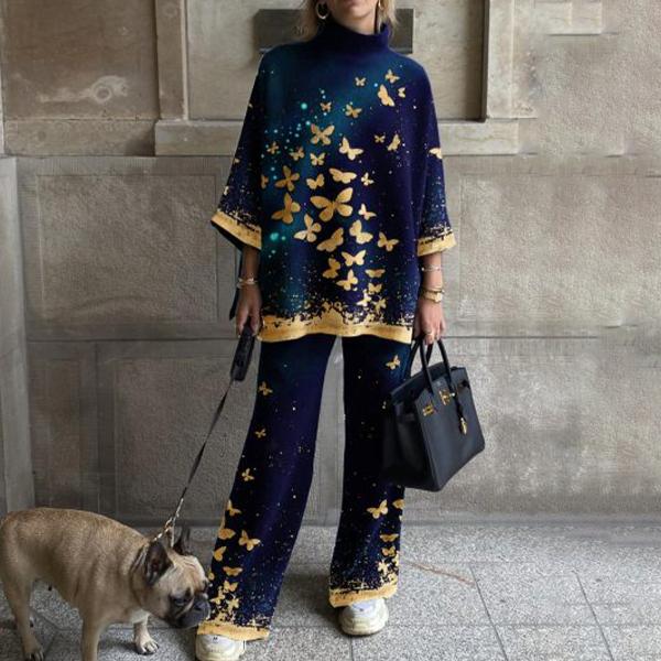 Women's Fashion Casual Color Contrast Bronzing Butterfly Print Royal Blue Suit