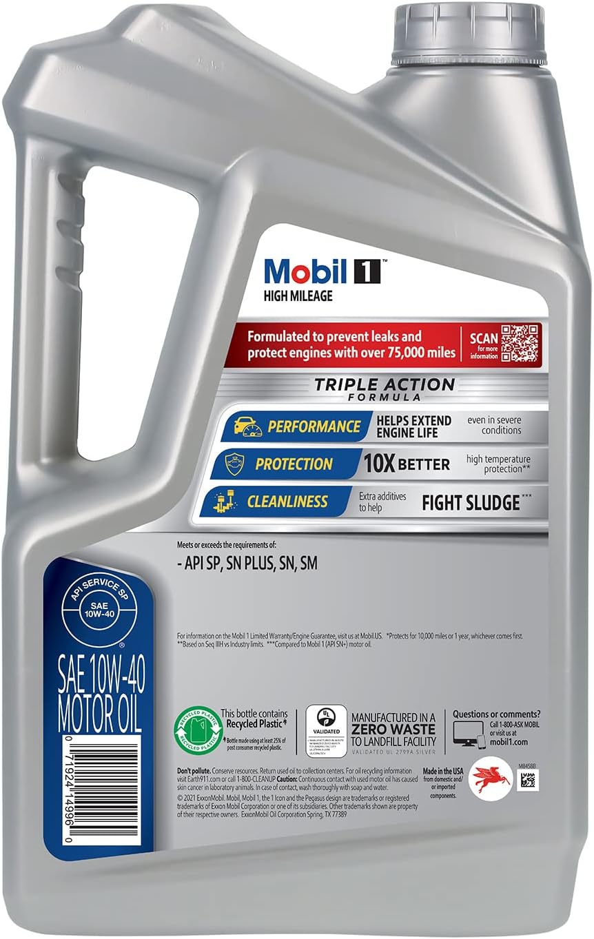 Mobil 1 High Mileage Full Synthetic Motor Oil 10W-40, 5 Quart, Gray