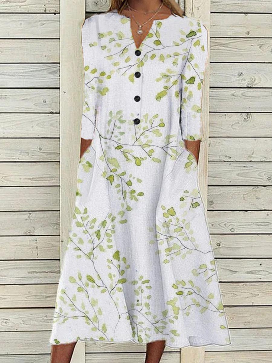 V-Neck Button Leaf Print Three-Quarter Sleeve Ladies Dress