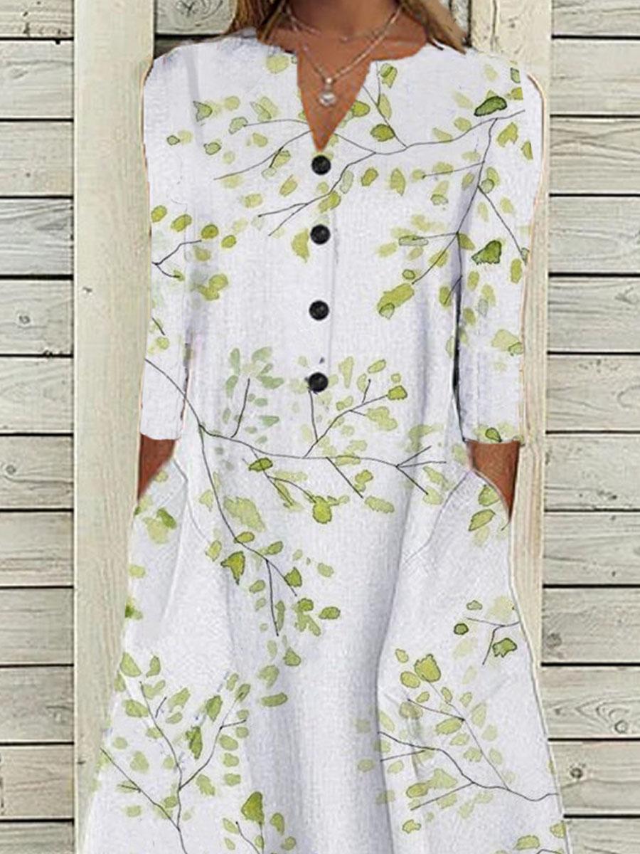 V-Neck Button Leaf Print Three-Quarter Sleeve Ladies Dress