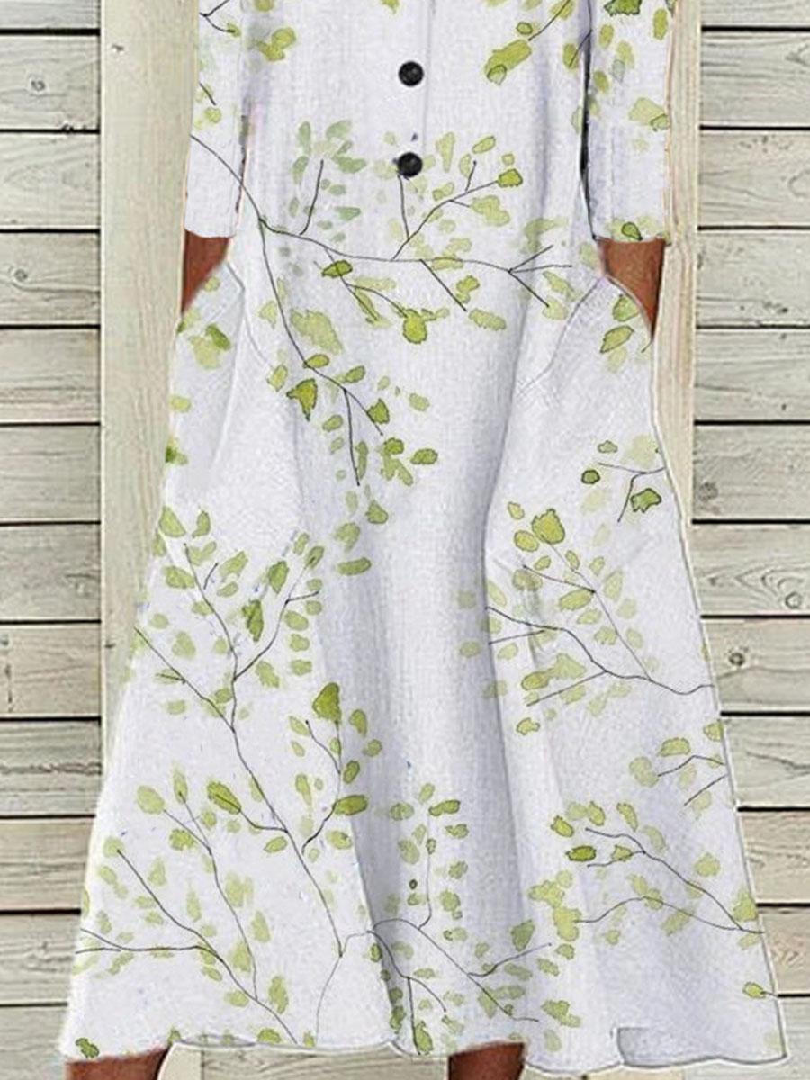 V-Neck Button Leaf Print Three-Quarter Sleeve Ladies Dress
