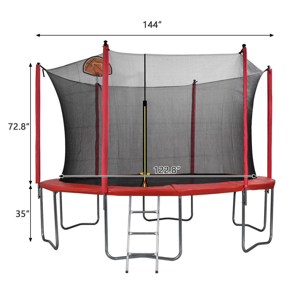 JOYMOR 12ft Kids Trampoline, with Enclosure Net, Upgrade Basketball Hoop Trampoline, Red