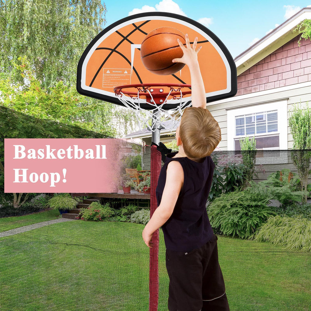 JOYMOR 12ft Kids Trampoline, with Enclosure Net, Upgrade Basketball Hoop Trampoline, Red