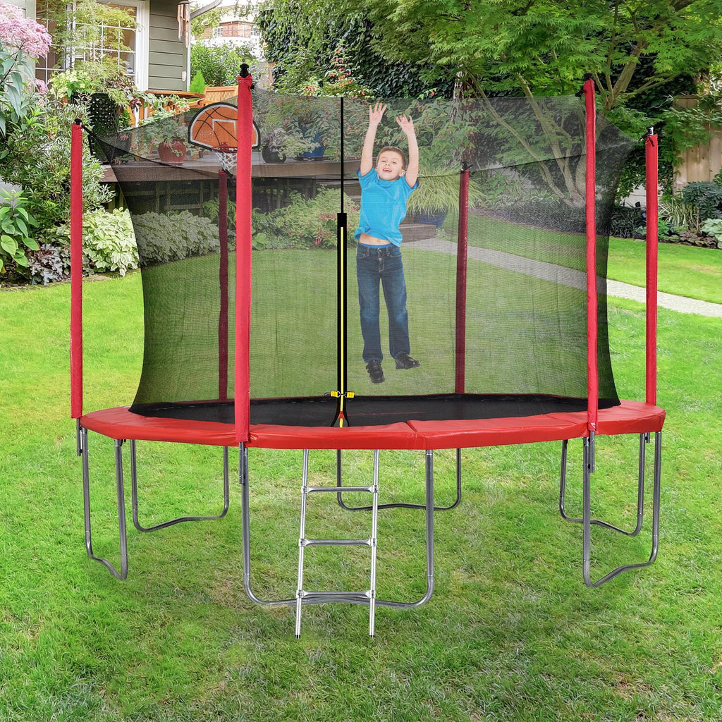 JOYMOR 12ft Kids Trampoline, with Enclosure Net, Upgrade Basketball Hoop Trampoline, Red