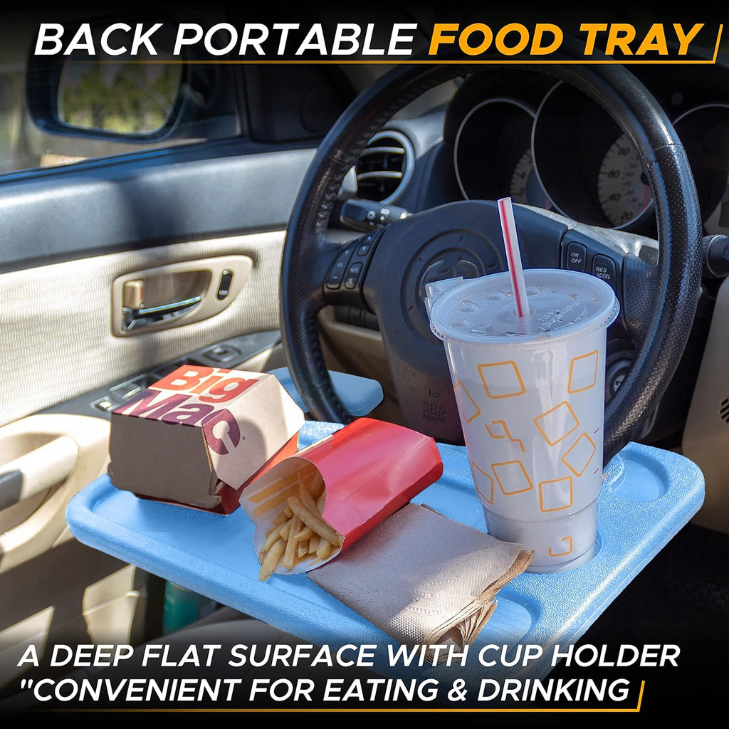 EcoNour 2 in 1 Car Steering Wheel Desk (Blue) | Steering Wheel Tray for Laptop Car Mount with Pen Holder | Car Food Tray for Eating with Drinks Holder | Multipurpose Travel Car Accessories