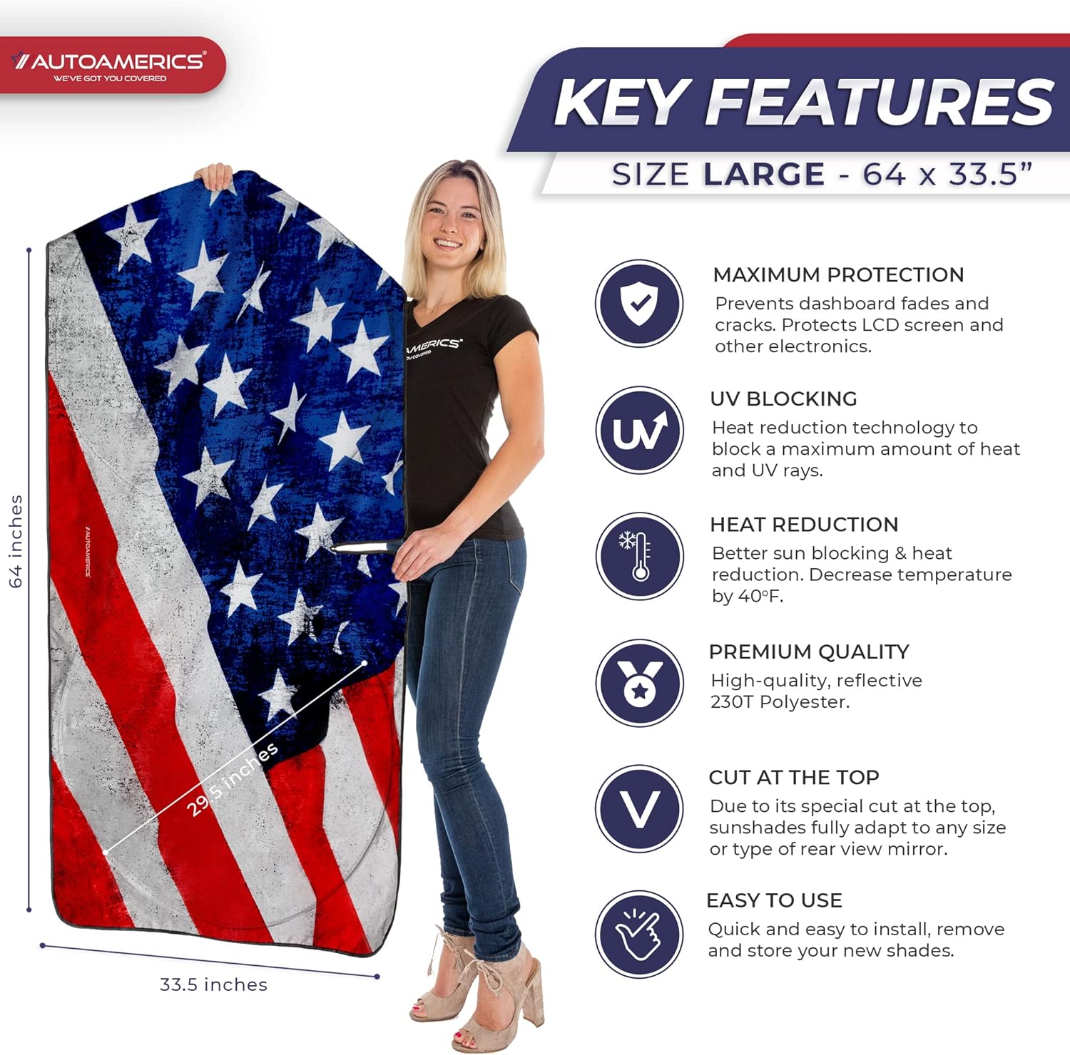 Autoamerics 1-Piece Windshield Sun Shade Grunge American Flag - 4 USA  - Foldable Car Front Window Sunshade for Most Sedans SUV Truck - Blocks Max UV Rays and Keeps Your Vehicle Cool - Large