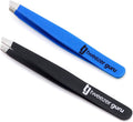 Tweezer Guru Tweezers for Women - 2pc Slant Pointed Precision Tweezers for Eyebrows &amp; Ingrown Hair Removal - Blackhead and Splinter Tweezer with Sharp Needle Nose Point for Plucking (Black +Bold Blue)