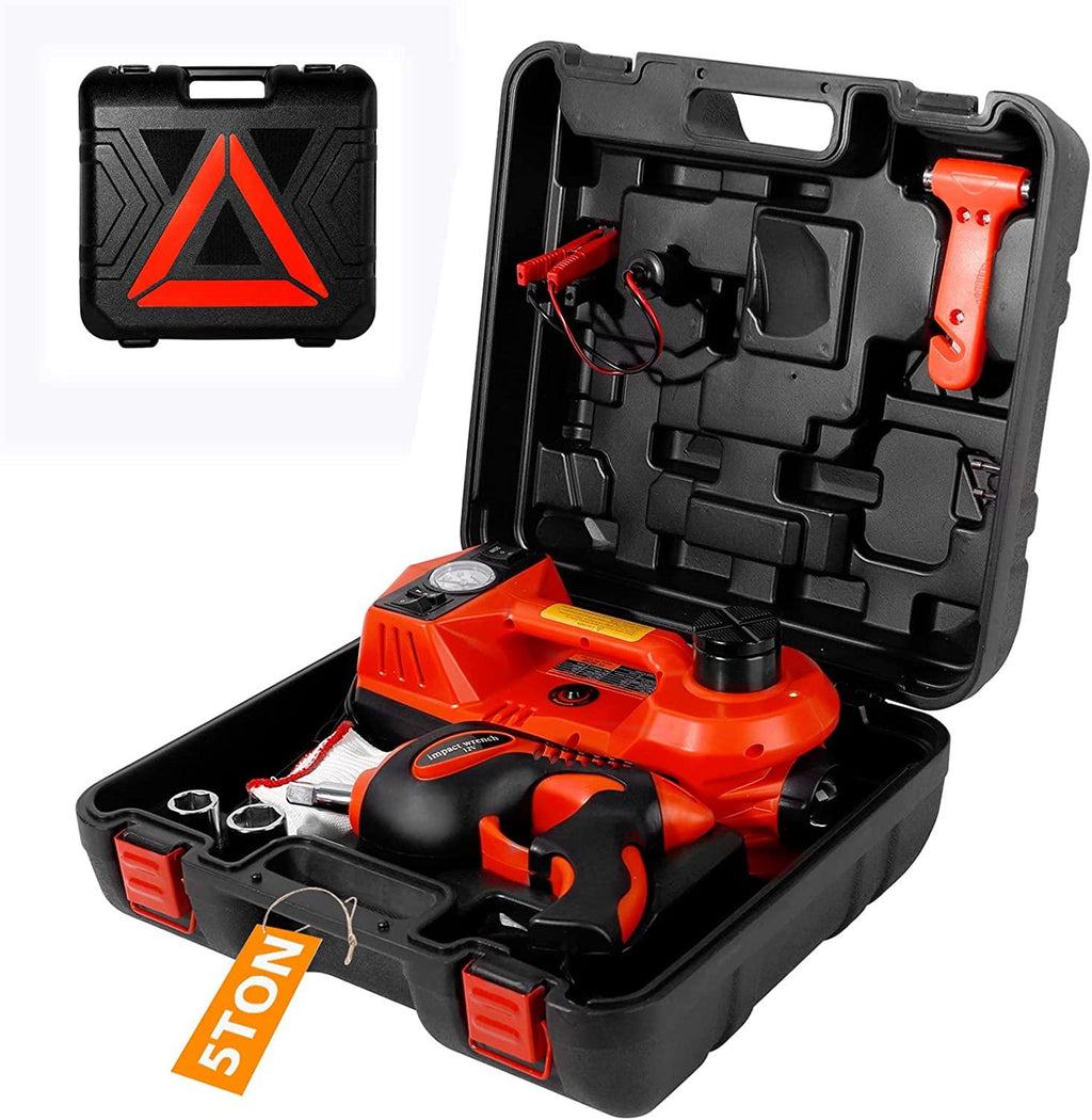 TYAYT Electric Car Jack Kit, 5 Ton Hydraulic Car Jack with Electric Impact Wrench and Inflator Pump, 12V Portable Car Jack with LED Light for SUV MPV Sedan, Lifting Ran6 to 17.7 Inch (Red)