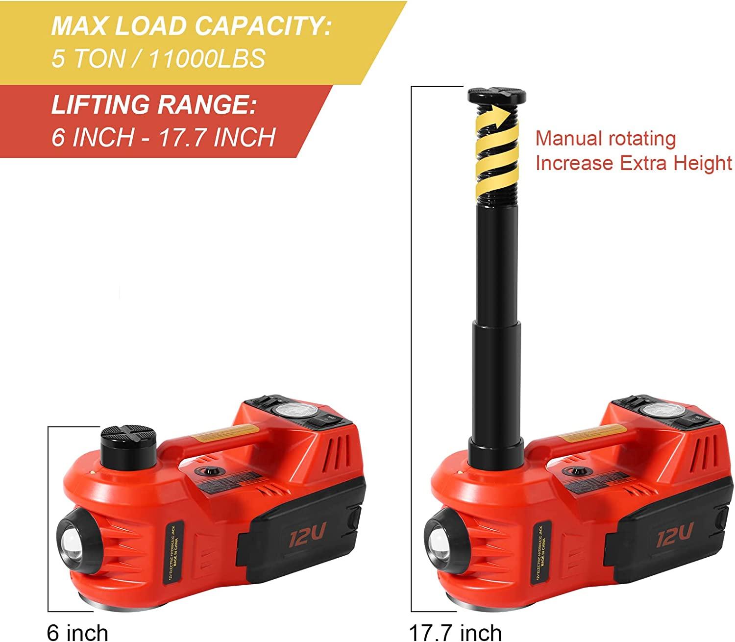 TYAYT Electric Car Jack Kit, 5 Ton Hydraulic Car Jack with Electric Impact Wrench and Inflator Pump, 12V Portable Car Jack with LED Light for SUV MPV Sedan, Lifting Ran6 to 17.7 Inch (Red)