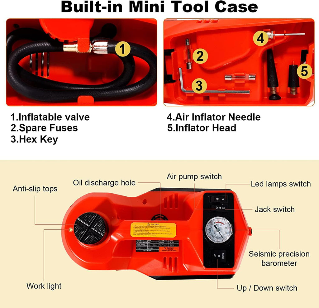 TYAYT Electric Car Jack Kit, 5 Ton Hydraulic Car Jack with Electric Impact Wrench and Inflator Pump, 12V Portable Car Jack with LED Light for SUV MPV Sedan, Lifting Ran6 to 17.7 Inch (Red)