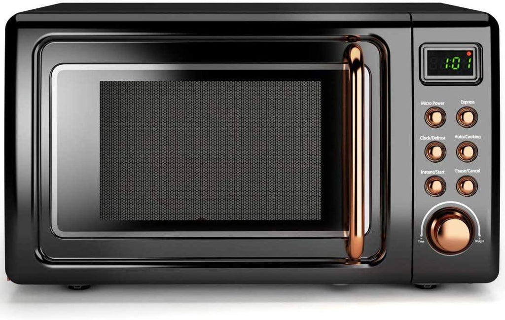 Retro Countertop Microwave Oven, 0.7Cu.ft, 700-Watt, Cold Rolled Steel Plate, 5 Micro Power, Delayed Start Function, with Glass Turntable & Viewing Window, LED Display, Child Lock (Gold)