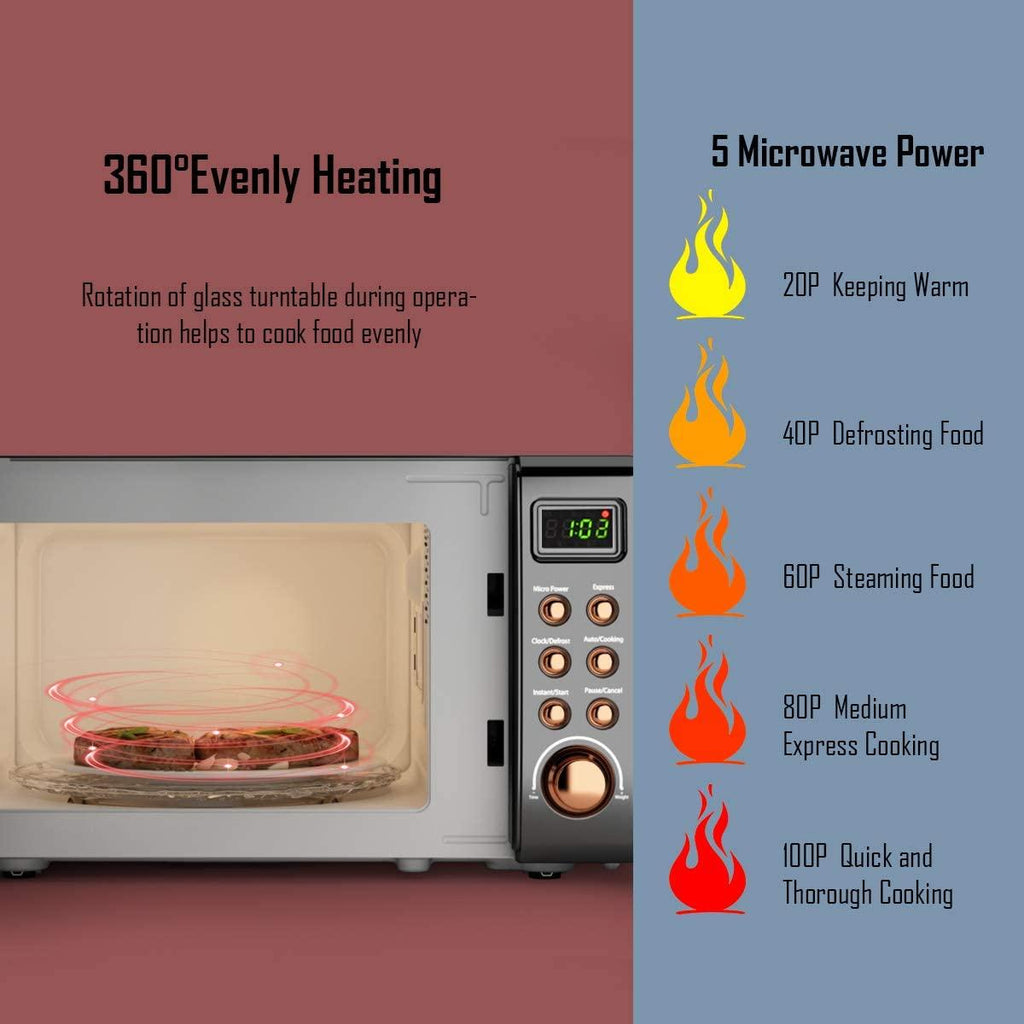 Retro Countertop Microwave Oven, 0.7Cu.ft, 700-Watt, Cold Rolled Steel Plate, 5 Micro Power, Delayed Start Function, with Glass Turntable & Viewing Window, LED Display, Child Lock (Gold)