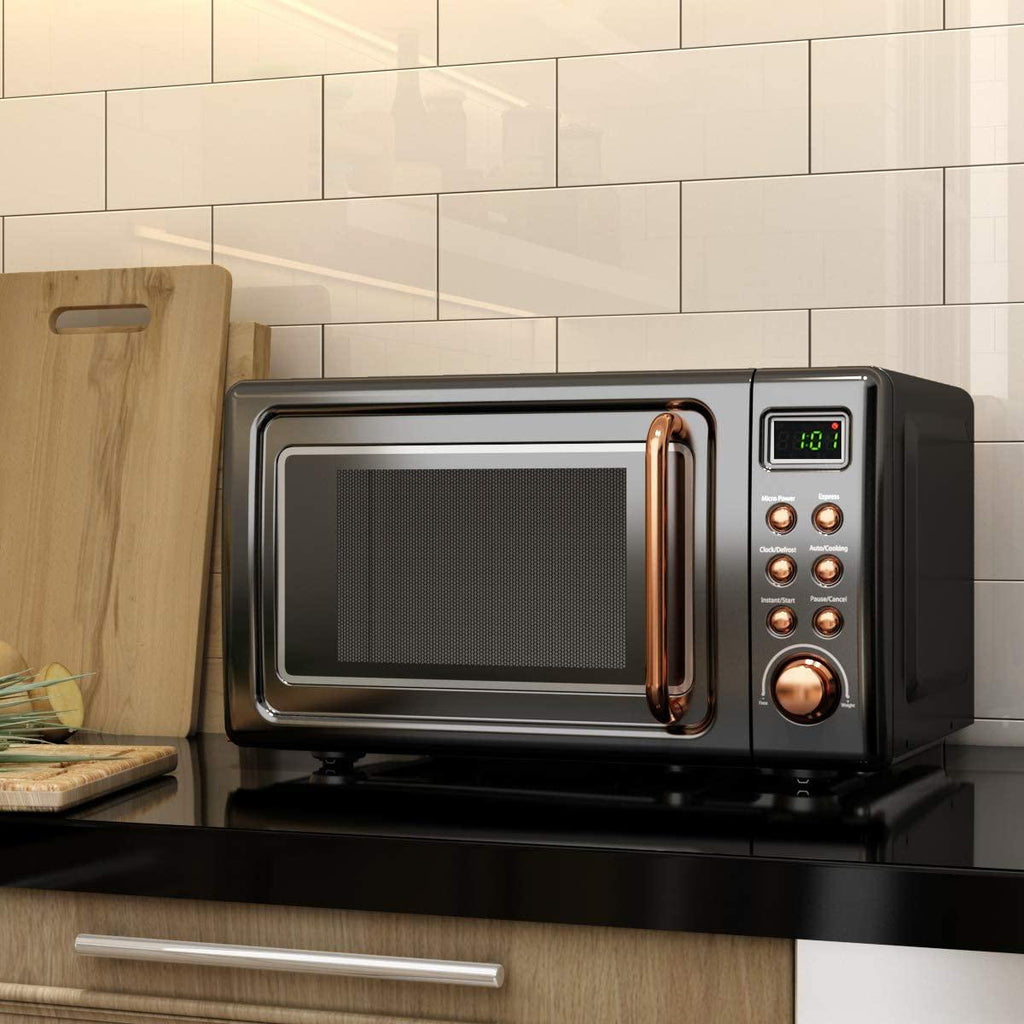 Retro Countertop Microwave Oven, 0.7Cu.ft, 700-Watt, Cold Rolled Steel Plate, 5 Micro Power, Delayed Start Function, with Glass Turntable & Viewing Window, LED Display, Child Lock (Gold)