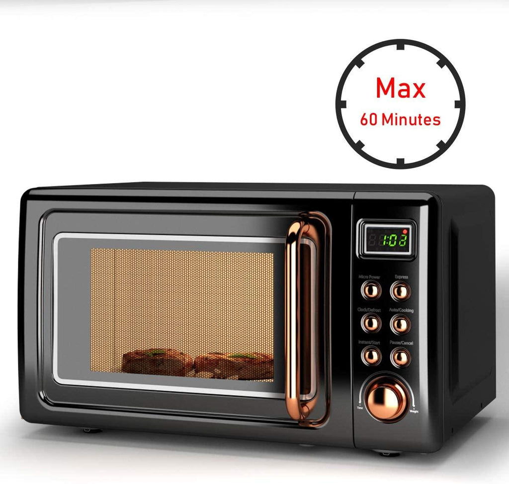 Retro Countertop Microwave Oven, 0.7Cu.ft, 700-Watt, Cold Rolled Steel Plate, 5 Micro Power, Delayed Start Function, with Glass Turntable & Viewing Window, LED Display, Child Lock (Gold)