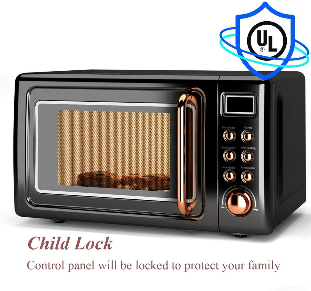 Retro Countertop Microwave Oven, 0.7Cu.ft, 700-Watt, Cold Rolled Steel Plate, 5 Micro Power, Delayed Start Function, with Glass Turntable & Viewing Window, LED Display, Child Lock (Gold)