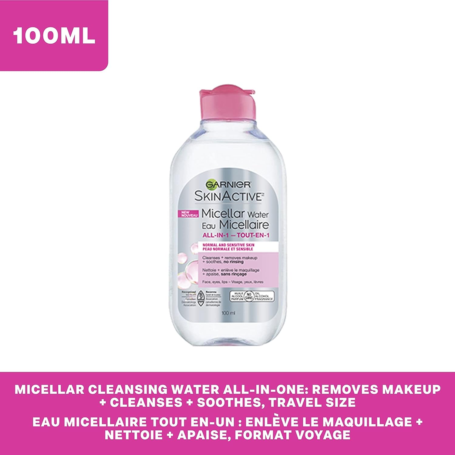 Garnier SkinActive Micellar Cleansing Water, All-in-1 Makeup Remover and Facial Cleanser, For All Skin Types, 3.4 Fl Oz (100mL), 1 Count (Packaging May Vary)