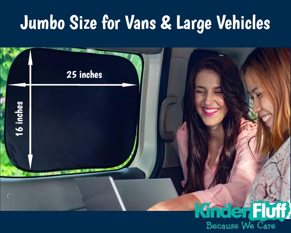 Kinder Fluff Car Window Shades (4X) - The Only Certified Sun Shade Blocking 99.95% UVR - Award Winning for Baby, Automotive Sunshades For Van, SUV &amp; Aircraft Pilot - XL