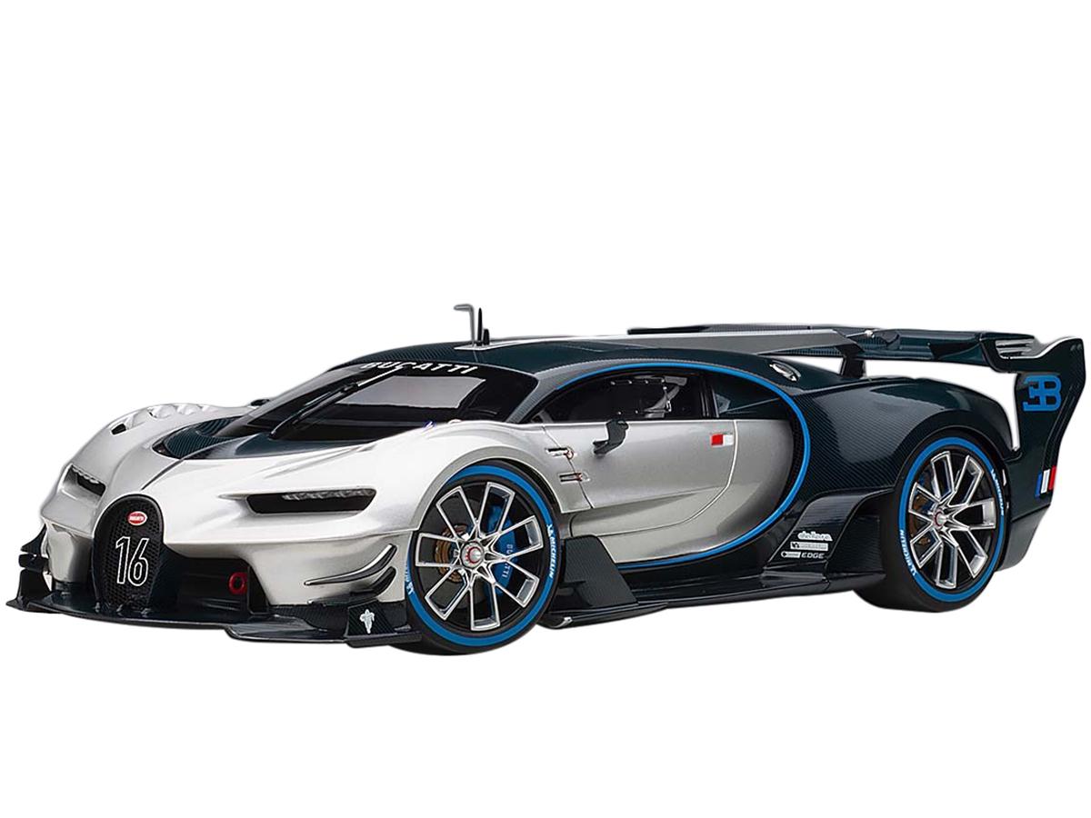 Bugatti Vision Gran Turismo "16" Argent Silver and Blue Carbon Fiber 1/18 Model Car by Autoart