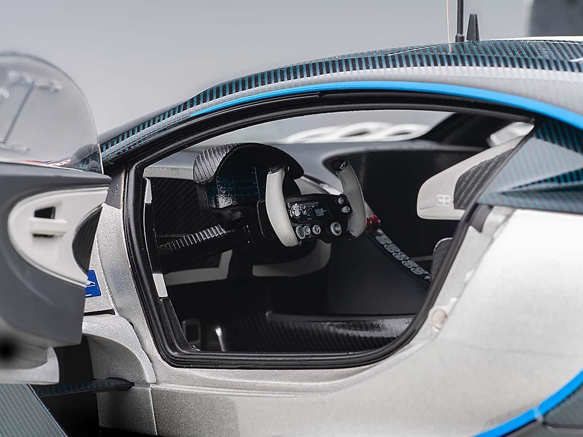 Bugatti Vision Gran Turismo "16" Argent Silver and Blue Carbon Fiber 1/18 Model Car by Autoart